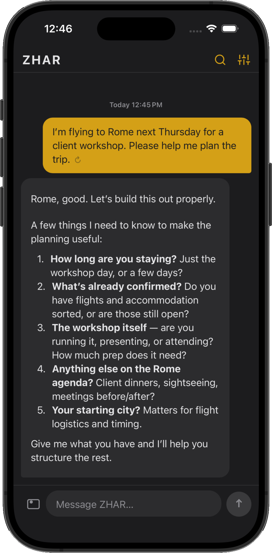 ZHAR chat: planning a client workshop trip to Rome