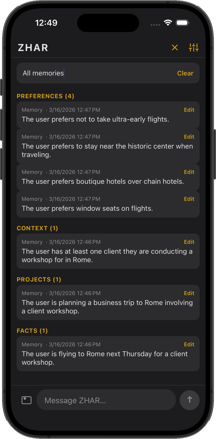 ZHAR memory view: preferences, context, projects and facts stored on-device