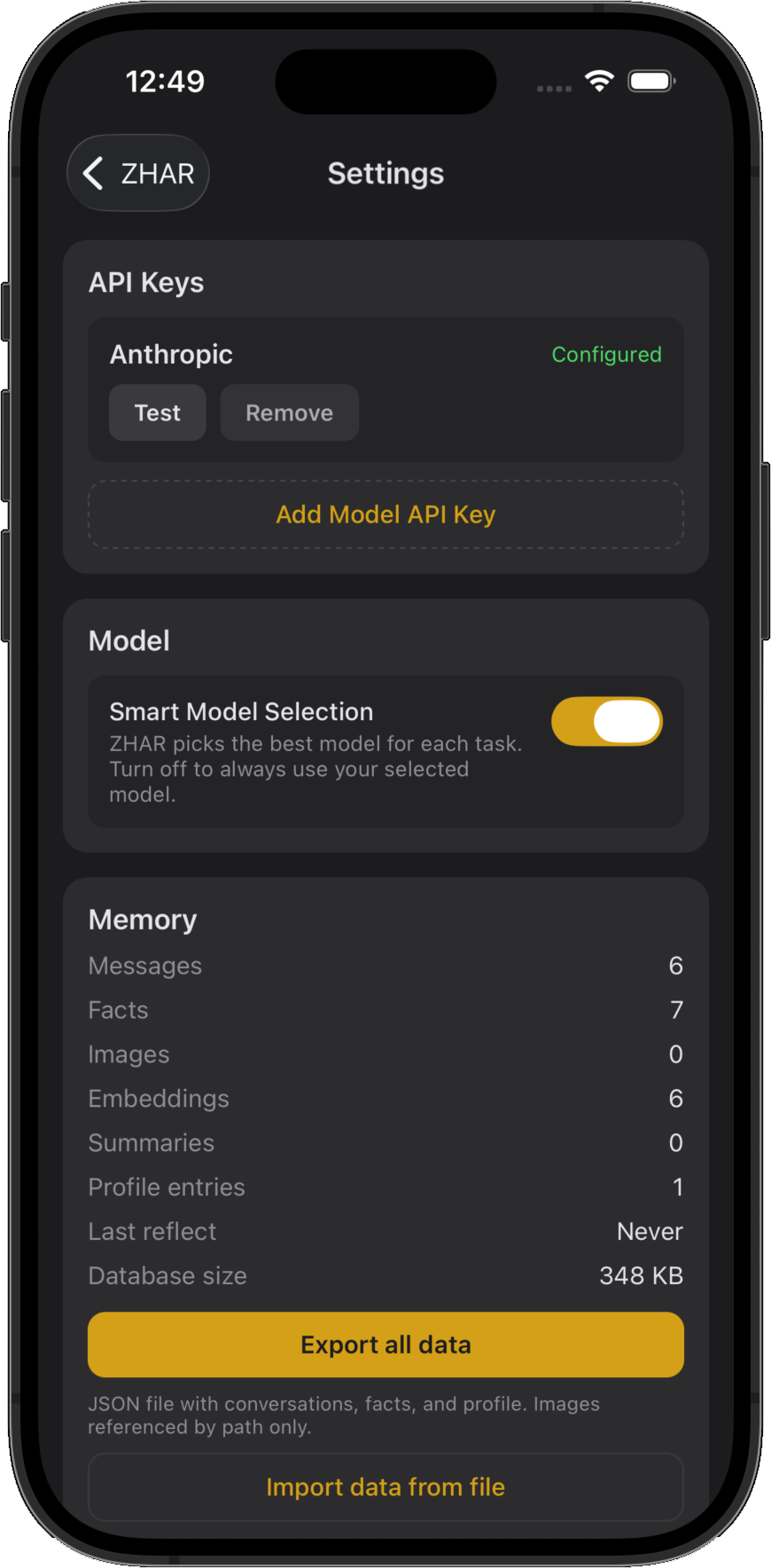 ZHAR settings: model selection, memory stats and data export